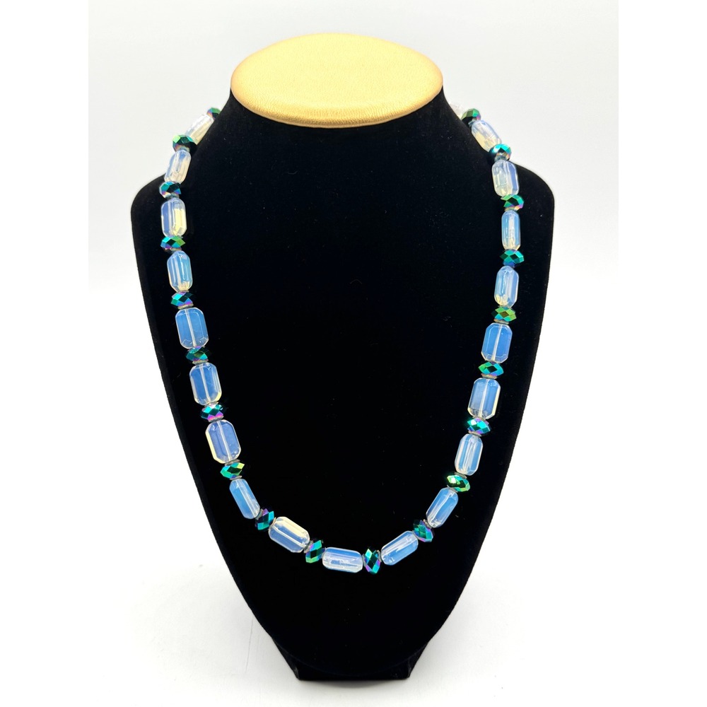 Vintage Opalescent Glass Barrel Bead Necklace Iridescent AB Crystal Spacers 20"